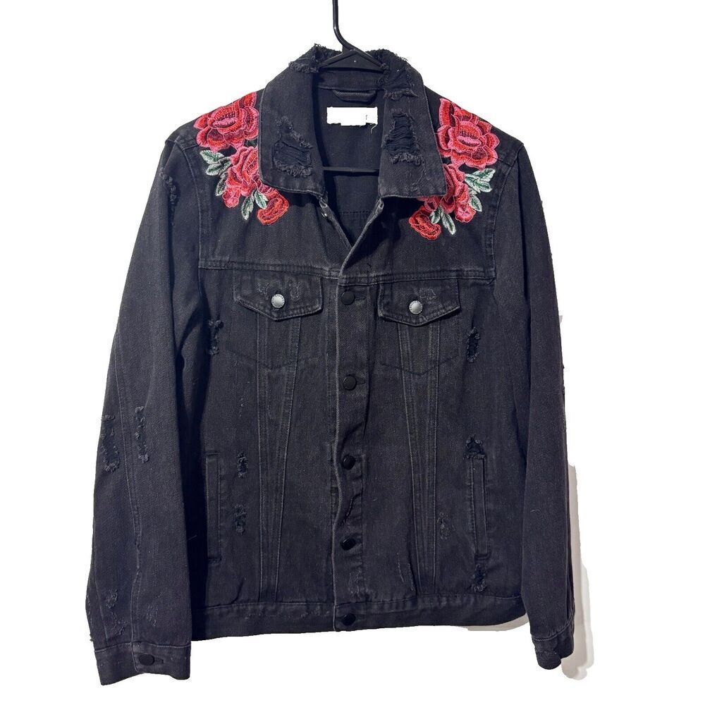CI Sono‎ Womens Denim Western Jacket Small Black Embroidered Floral Distressed